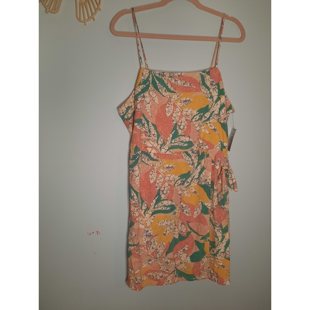 Nine West Side Tie Mini Dress Tropical Leaf Print Peach Yellow Green Large NWT